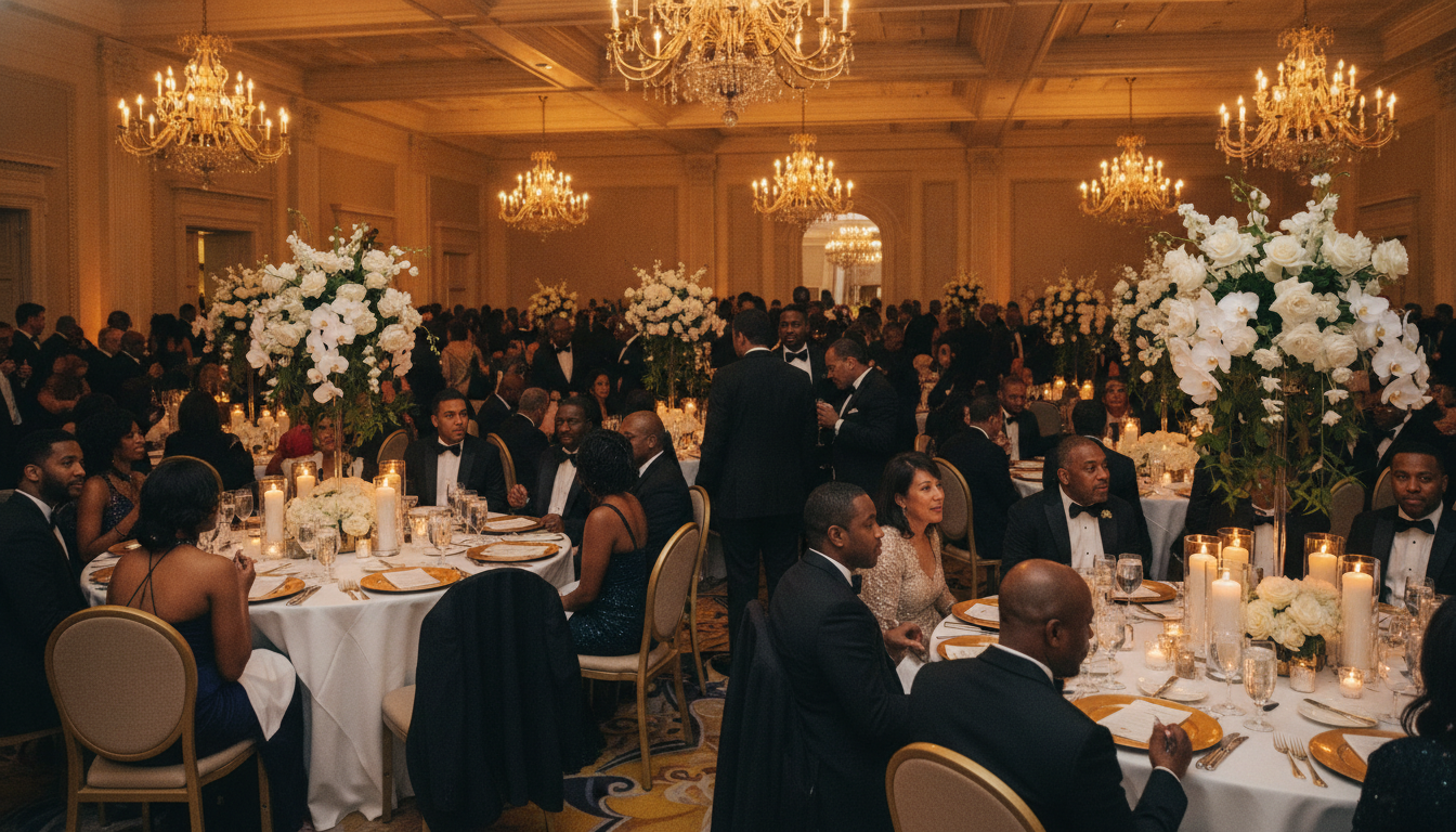 An elegant black-tie gala fundraiser in a grand ballroom with round banquet tables set under warm chandelier light and diverse guests being seated — the kind of event gala ticketing is built for.