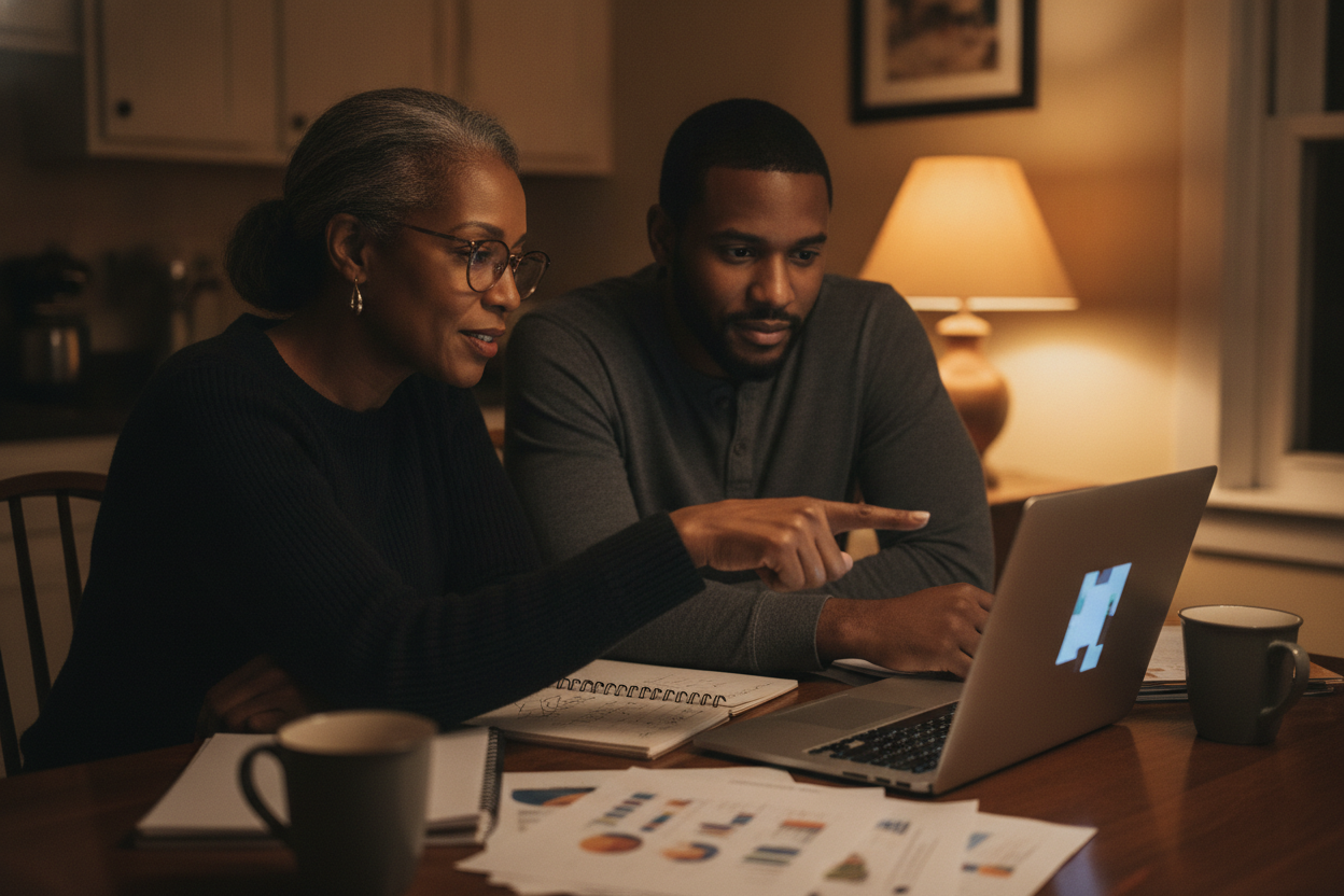 Two Black community organizers doing a mid-year fundraising goal check at a kitchen table, reviewing numbers together on a laptop by lamp light.