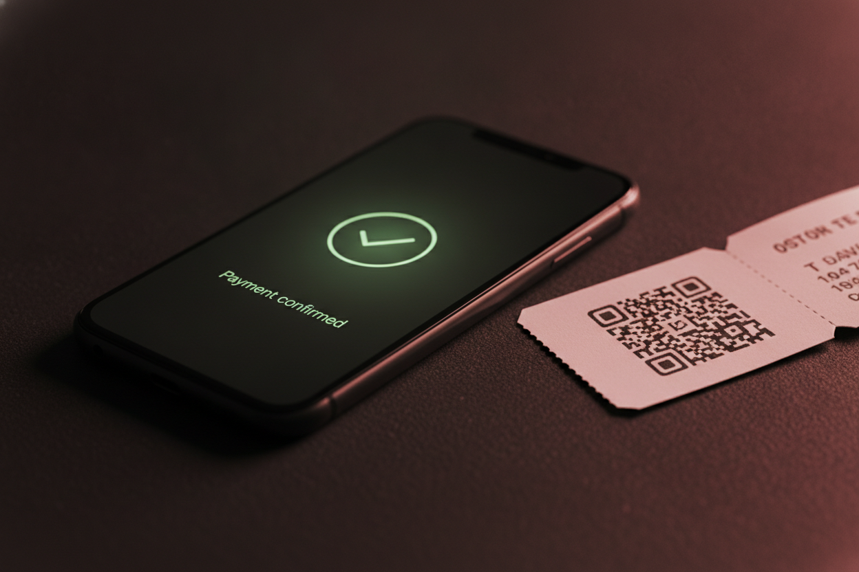 A phone showing a glowing green payment confirmed check mark next to a printed QR code event ticket, a recorded Cash App event tickets sale