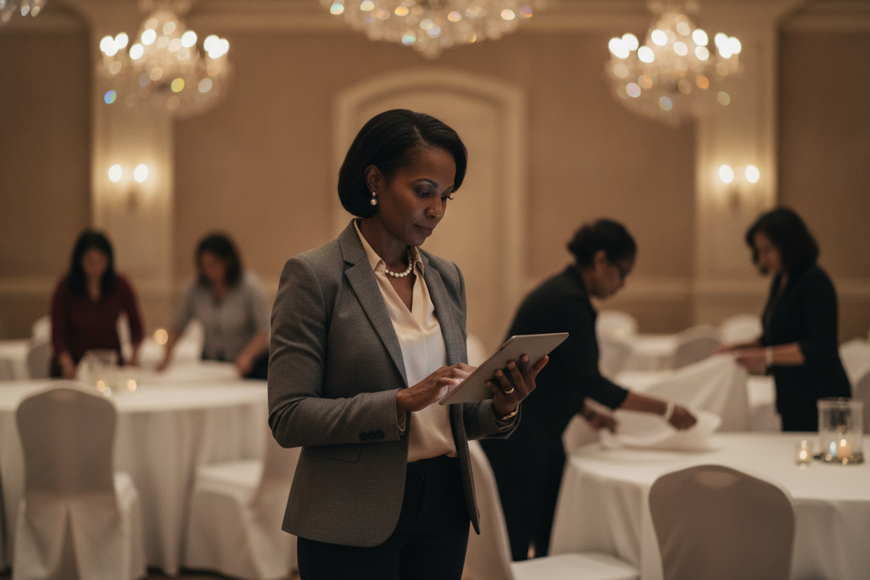 A Black chapter president reviews her member roster on a tablet at a formal venue during setup, preparing private event ticketing for a members-only formal