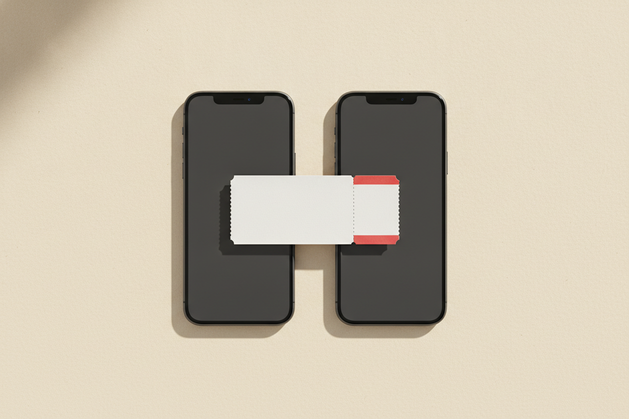 Two phones side by side on a warm cream surface with a paper ticket between them, showing how to transfer event tickets from one person to another
