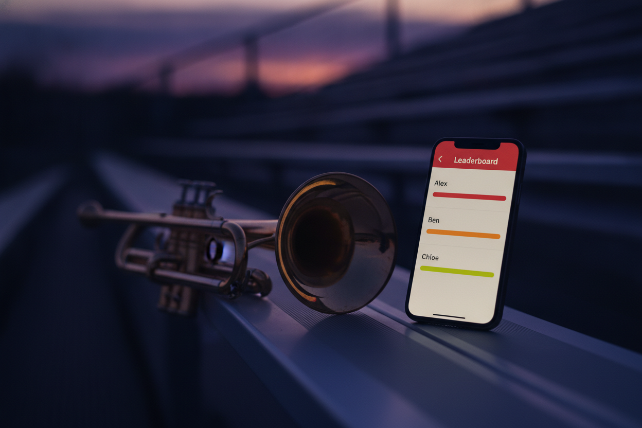 Phone showing a rising band booster fundraising leaderboard beside a trumpet on stadium bleachers at dusk