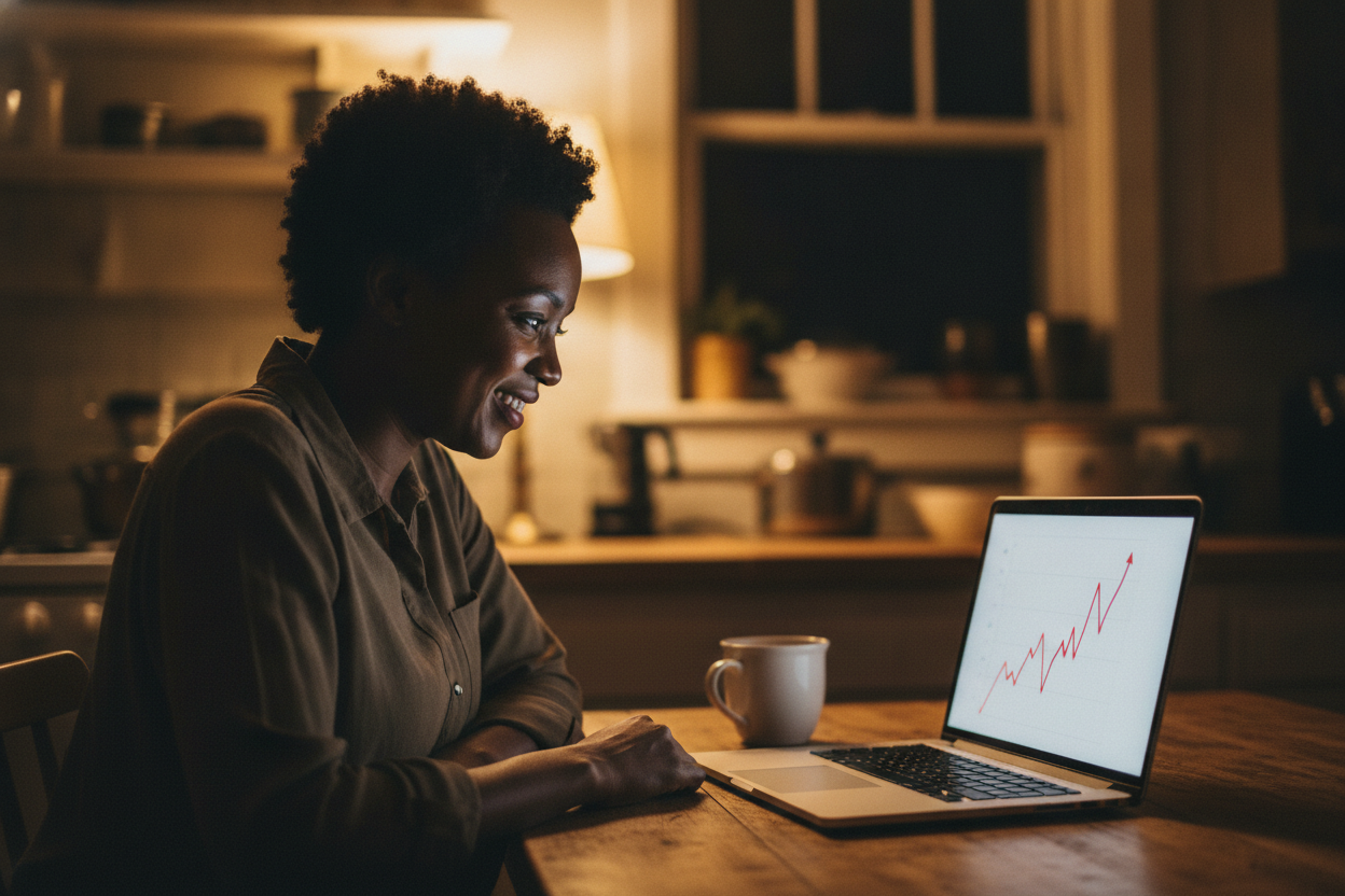 An event organizer smiles at a late-night sales spike on her laptop — the deadline effect of early bird ticket pricing in action.