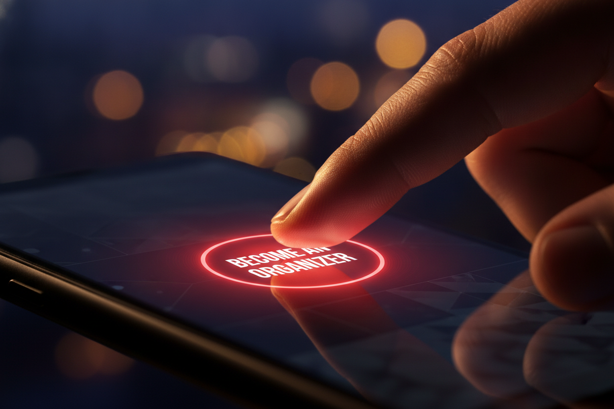 A concept illustration showing a ticket buyer's account transforming into a host dashboard with one click via a red Become an organizer button, illustrating how to become an event organizer on EventPassHero.
