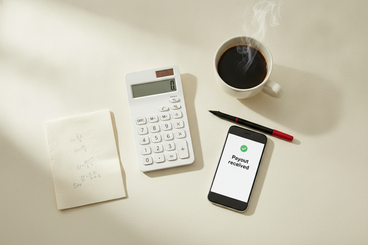 Overhead flat-lay of a calculator, coffee, and a phone showing a payout-received notification — event ticketing fees explained down to the deposit