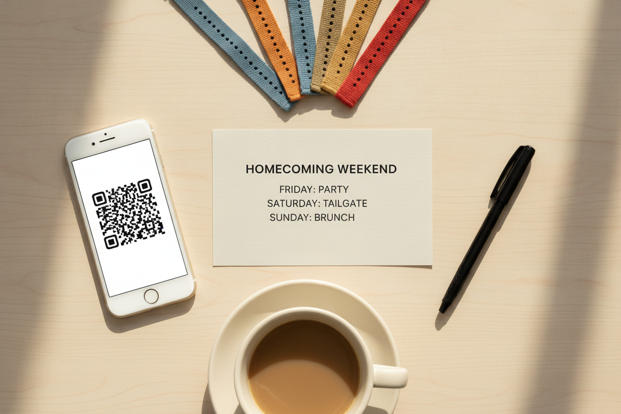 Overhead flat-lay of a homecoming ticketing planning table with a printed weekend schedule, event wristbands, and a phone showing a QR ticket