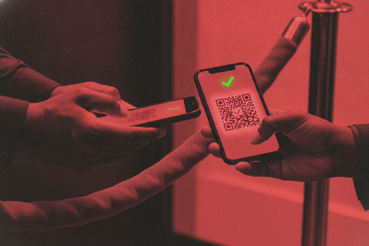 Close-up of a phone scanning a QR code on day party tickets at a velvet rope, in bold red and charcoal duotone.
