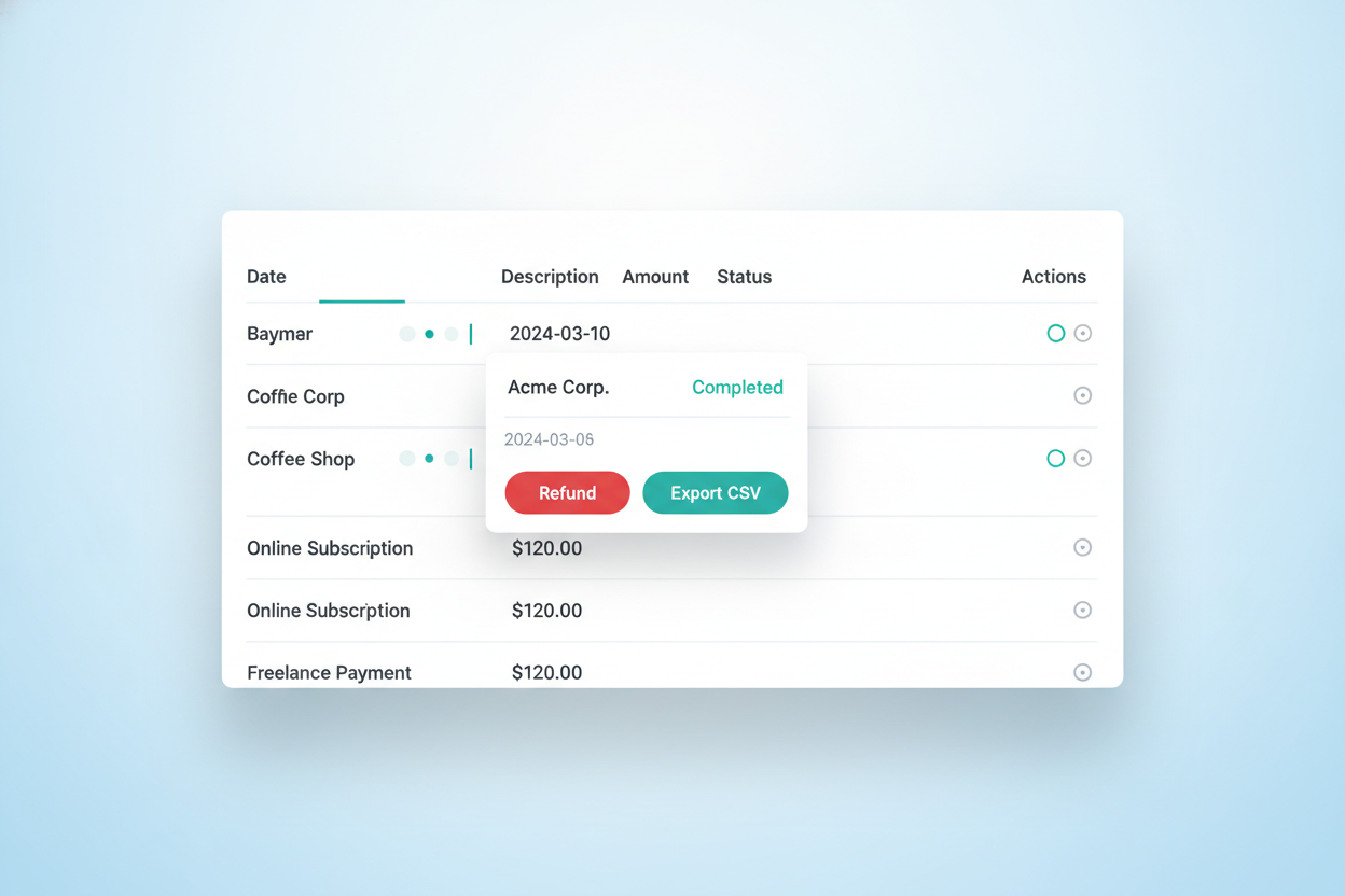 A clean concept of an event sales report transactions list with a red Refund action and an Export button.