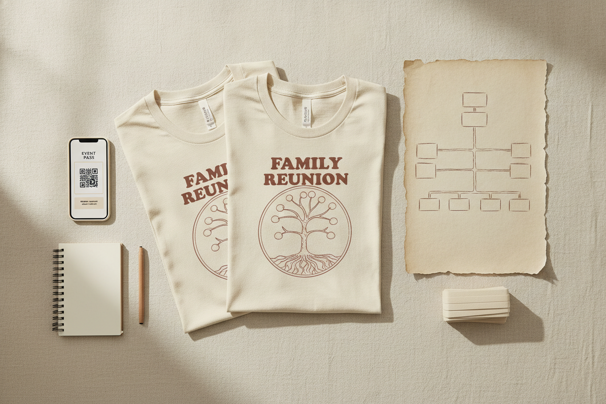 Overhead flat-lay of family reunion registration planning — matching reunion t-shirts fanned out, a printed family tree, wristbands, and a phone showing a QR code ticket.