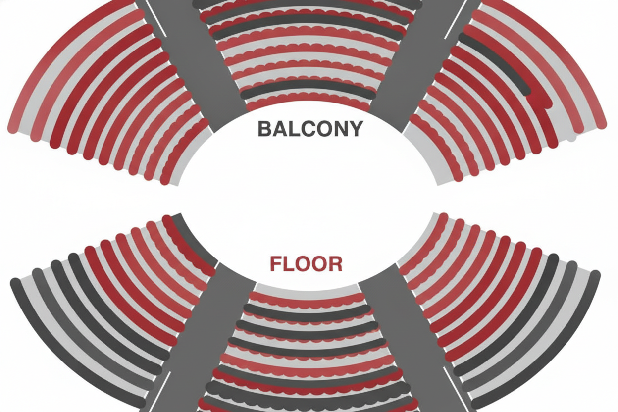 A red and charcoal duotone poster of an auditorium seat map for step show tickets, with distinct floor and balcony sections in different shades.
