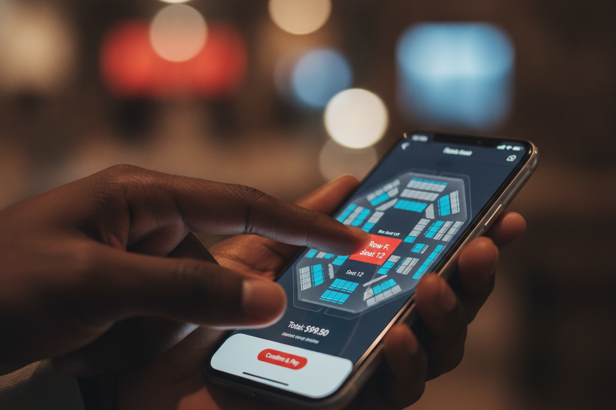 A hand picking an exact reserved seat on an interactive concert venue map at checkout on a phone, the selected seat glowing red — concert ticketing with reserved seating.