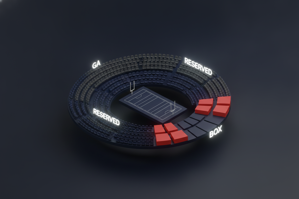 Isometric concept of a stadium seat map for band showcase ticketing with GA, reserved, and premium box sections priced differently