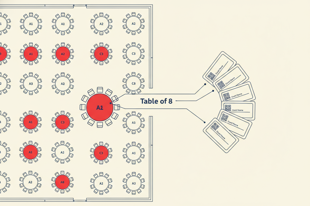 A gala banquet seating map with round tables — some reserved in red — and a Table of 8 splitting into eight individual named guest QR tickets, the core of gala ticketing on EventPassHero.
