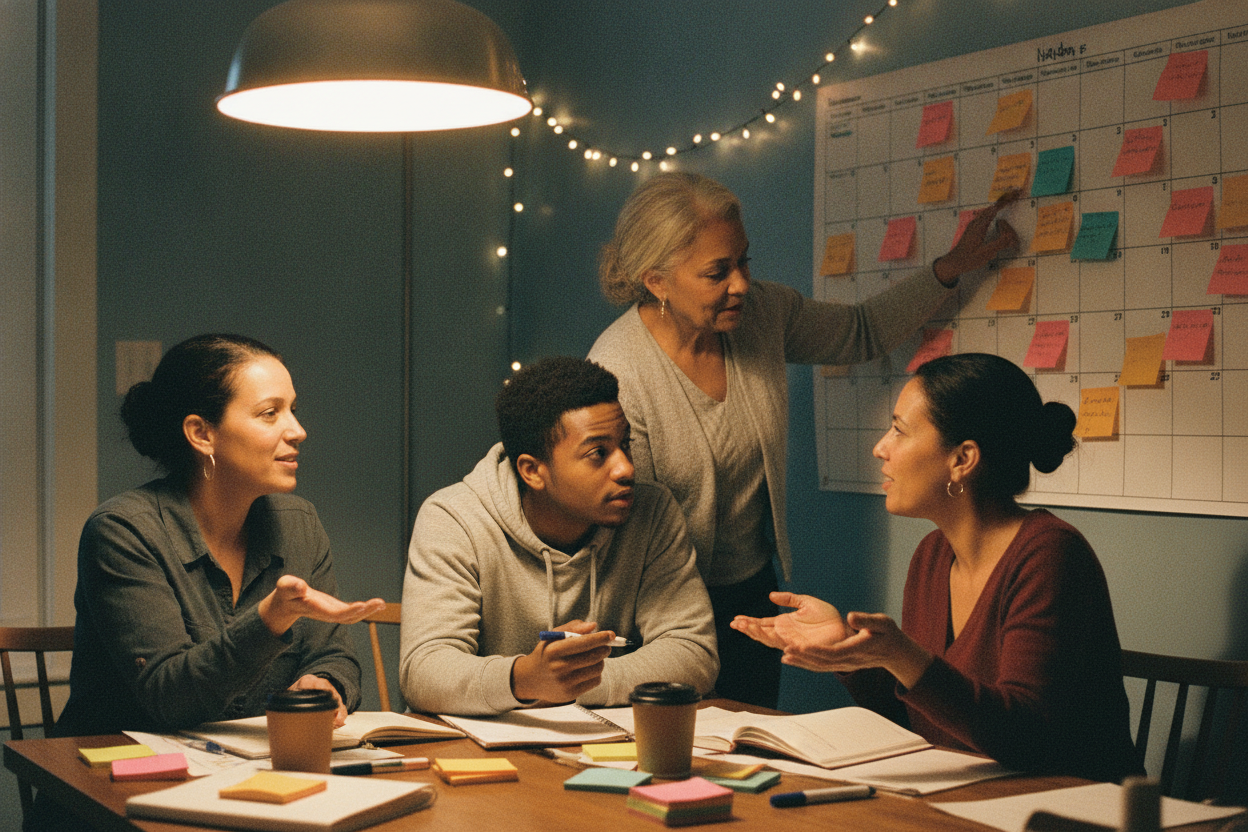A small Black nonprofit team of mixed ages planning their Giving Tuesday fundraising event around a table, with sticky notes on a wall calendar.