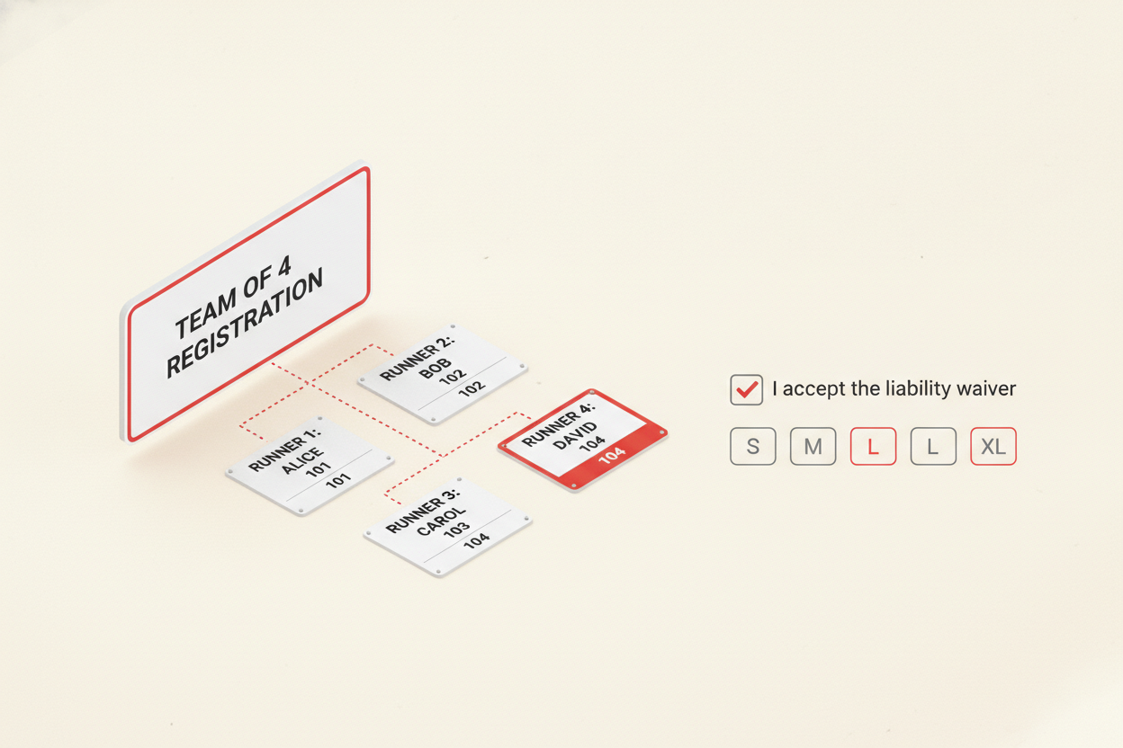 Concept split: a team sign-up splitting into four named individual runner bibs, next to a checkout with a required liability waiver checkbox and a t-shirt size field — the core of charity 5K registration.