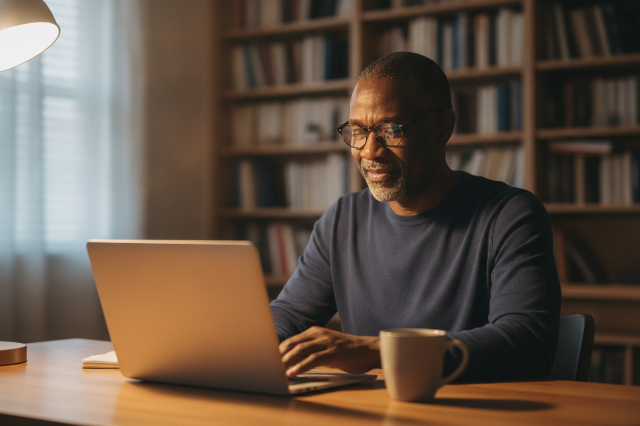 A relieved treasurer in reading glasses closes his laptop with a slight smile after resolving an event ticket chargeback, evening light and a mug beside him.